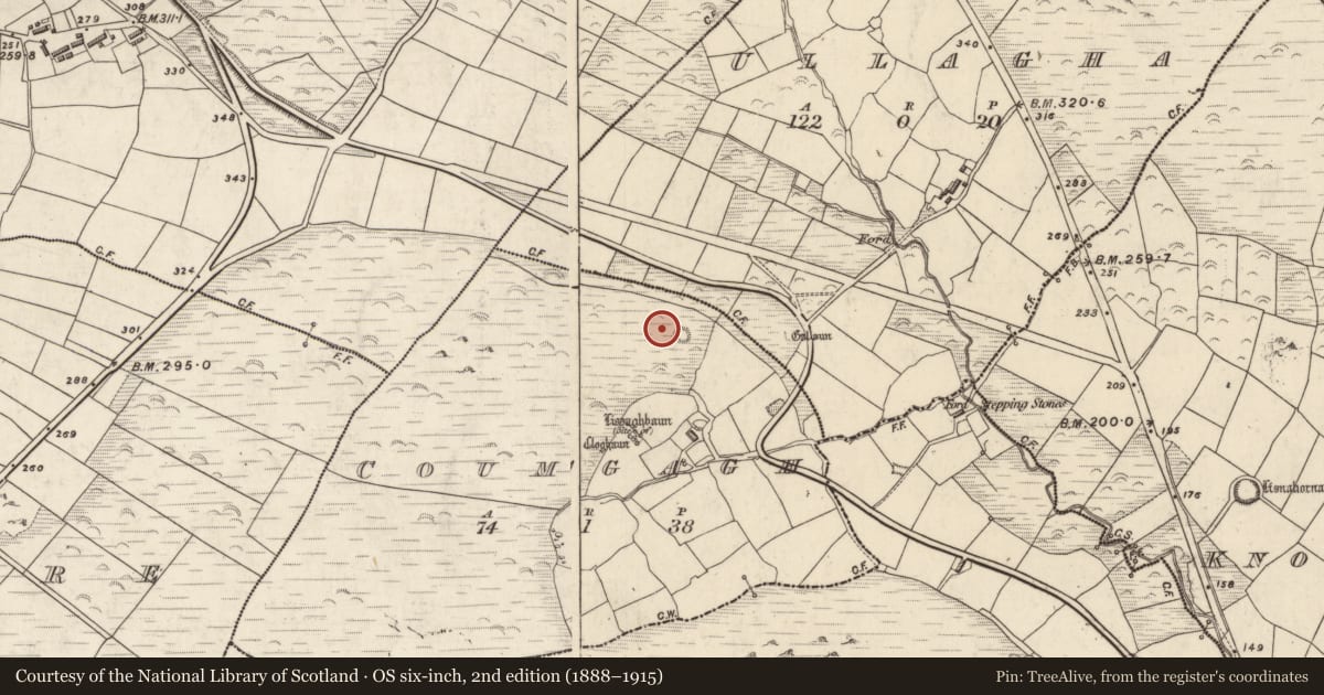 Ordnance Survey six-inch map, 2nd edition (1888–1915) covering the location of Standing stone, Com Ga, County Kerry, with a pin at the register's coordinates