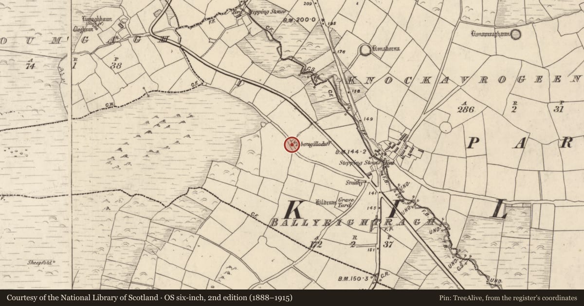 Ordnance Survey six-inch map, 2nd edition (1888–1915) covering the location of Ritual site - holy well, An Baile Íochtarach (Par. Cill Dromann), County Kerry, with a pin at the register's coordinates
