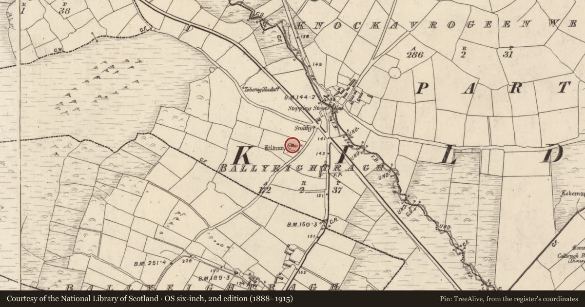 Ordnance Survey six-inch map, 2nd edition (1888–1915) covering the location of Ecclesiastical enclosure, An Baile Íochtarach (Par. Cill Dromann), County Kerry, with a pin at the register's coordinates