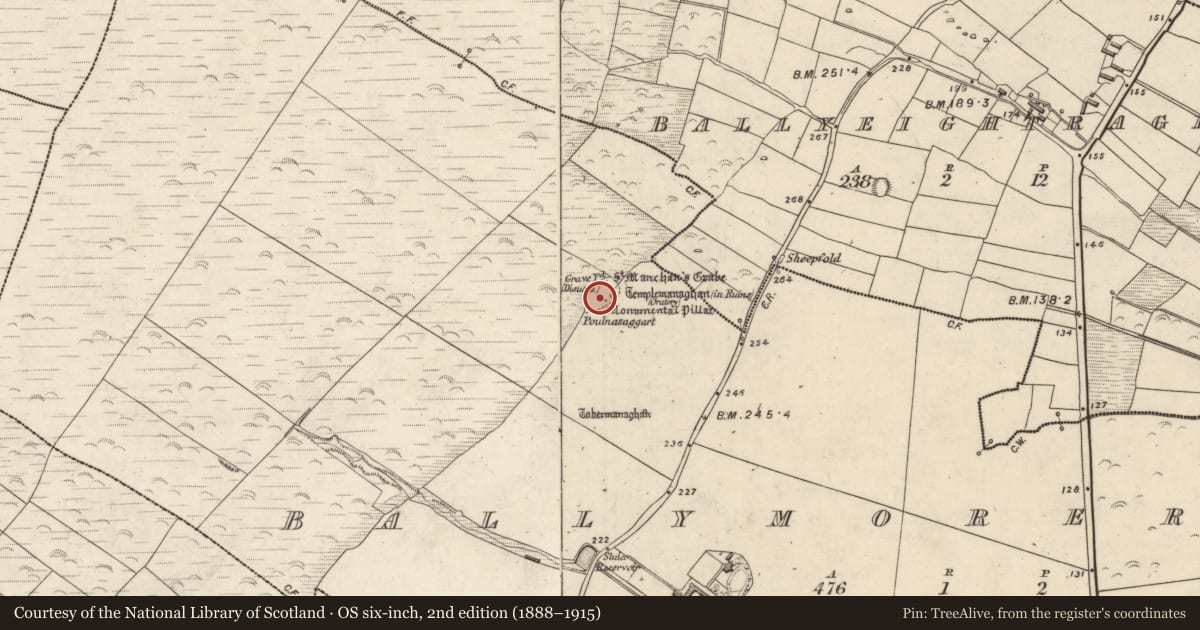 Ordnance Survey six-inch map, 2nd edition (1888–1915) covering the location of Children's burial ground, An Baile Riabhach, County Kerry, with a pin at the register's coordinates