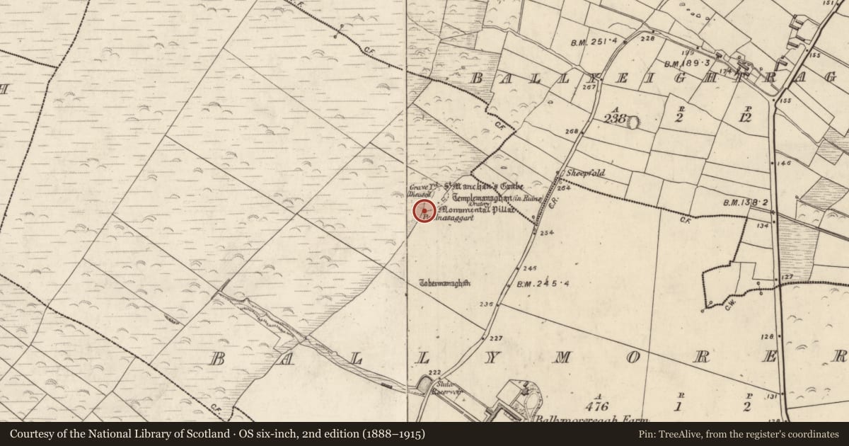 Ordnance Survey six-inch map, 2nd edition (1888–1915) covering the location of Souterrain, An Baile Riabhach, County Kerry, with a pin at the register's coordinates