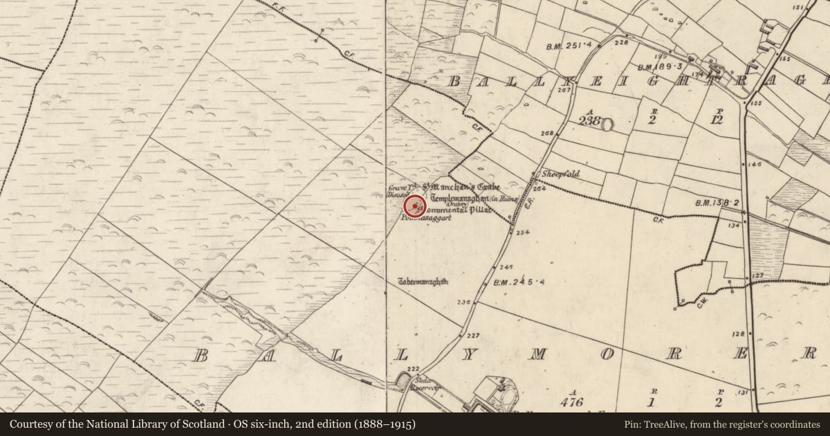 Ordnance Survey six-inch map, 2nd edition (1888–1915) covering the location of Ogham stone, An Baile Riabhach, County Kerry, with a pin at the register's coordinates