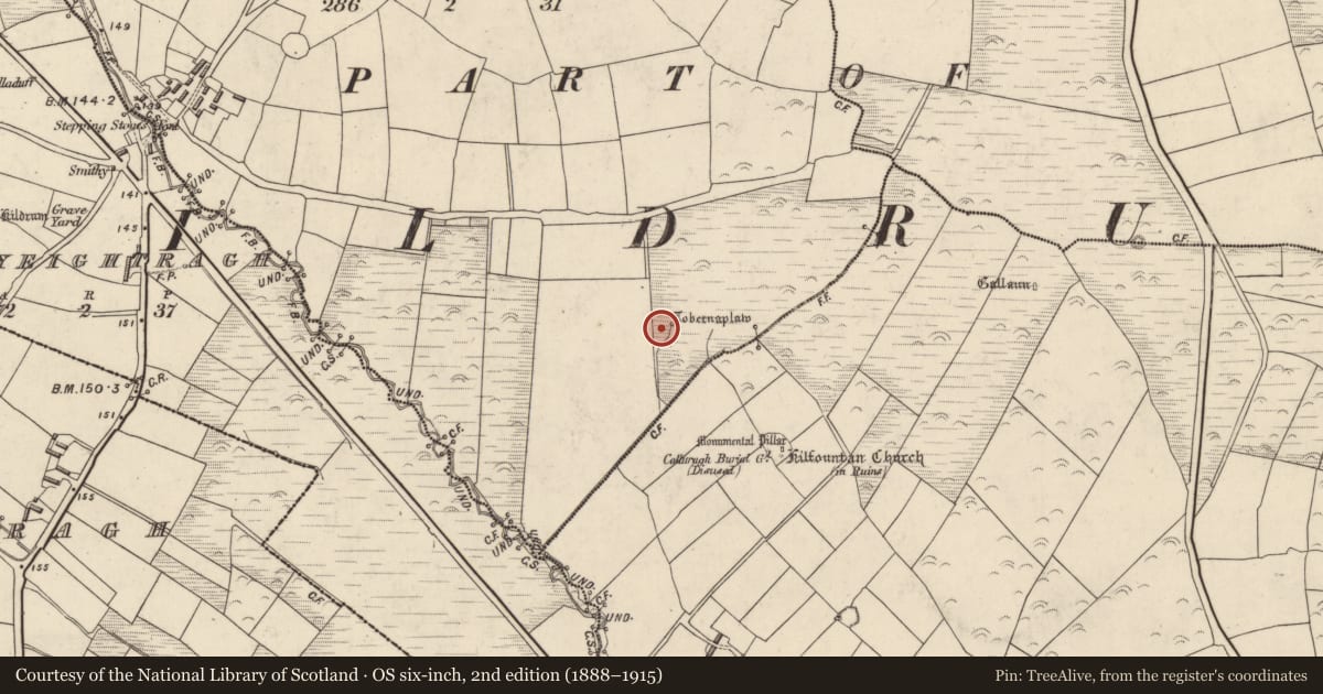 Ordnance Survey six-inch map, 2nd edition (1888–1915) covering the location of Ritual site - holy well, Cnoc An Bhróigín Thiar, County Kerry, with a pin at the register's coordinates