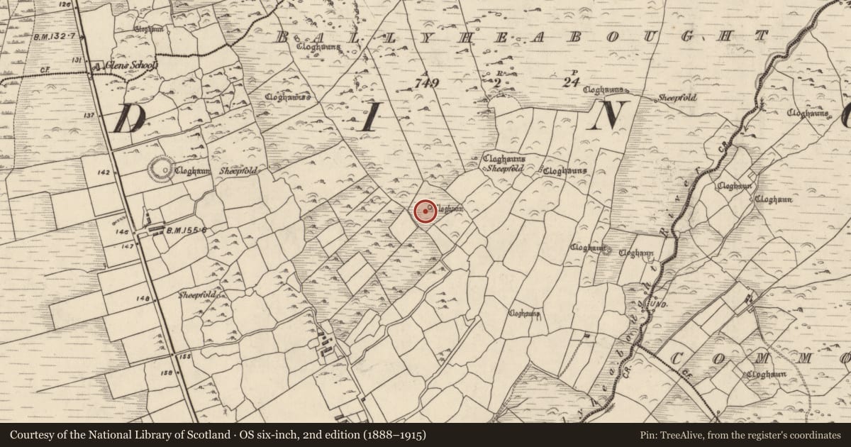 Ordnance Survey six-inch map, 2nd edition (1888–1915) covering the location of Hut site, Baile Uí Shé, County Kerry, with a pin at the register's coordinates