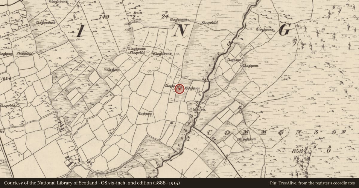 Ordnance Survey six-inch map, 2nd edition (1888–1915) covering the location of Clochan, Baile Uí Shé, County Kerry, with a pin at the register's coordinates