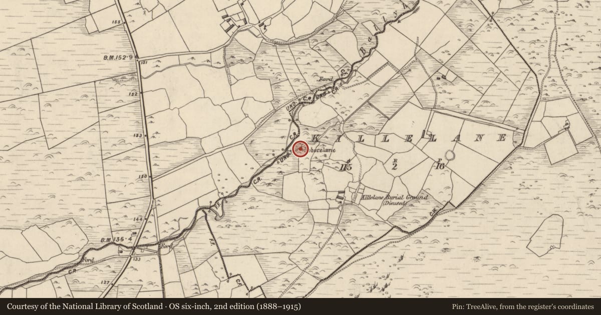 Ordnance Survey six-inch map, 2nd edition (1888–1915) covering the location of Ritual site - holy well, Cill Fhaoláin, County Kerry, with a pin at the register's coordinates