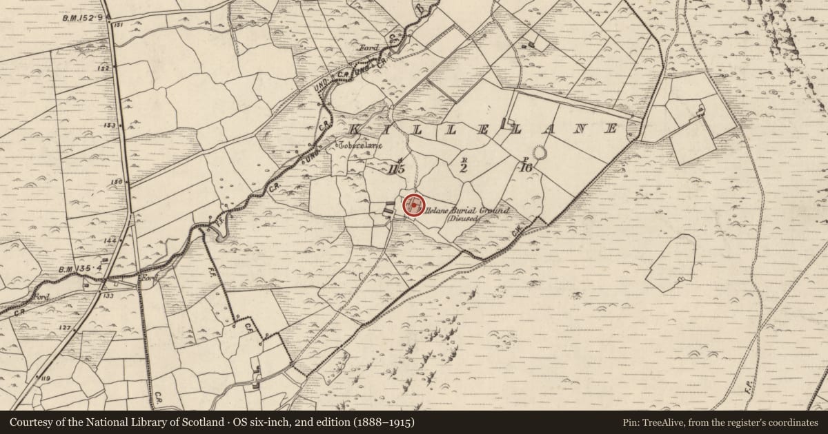 Ordnance Survey six-inch map, 2nd edition (1888–1915) covering the location of Ecclesiastical enclosure, Cill Fhaoláin, County Kerry, with a pin at the register's coordinates