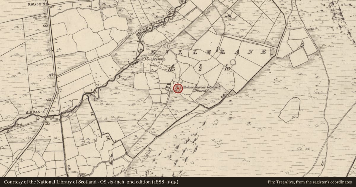 Ordnance Survey six-inch map, 2nd edition (1888–1915) covering the location of Burial ground, Cill Fhaoláin, County Kerry, with a pin at the register's coordinates