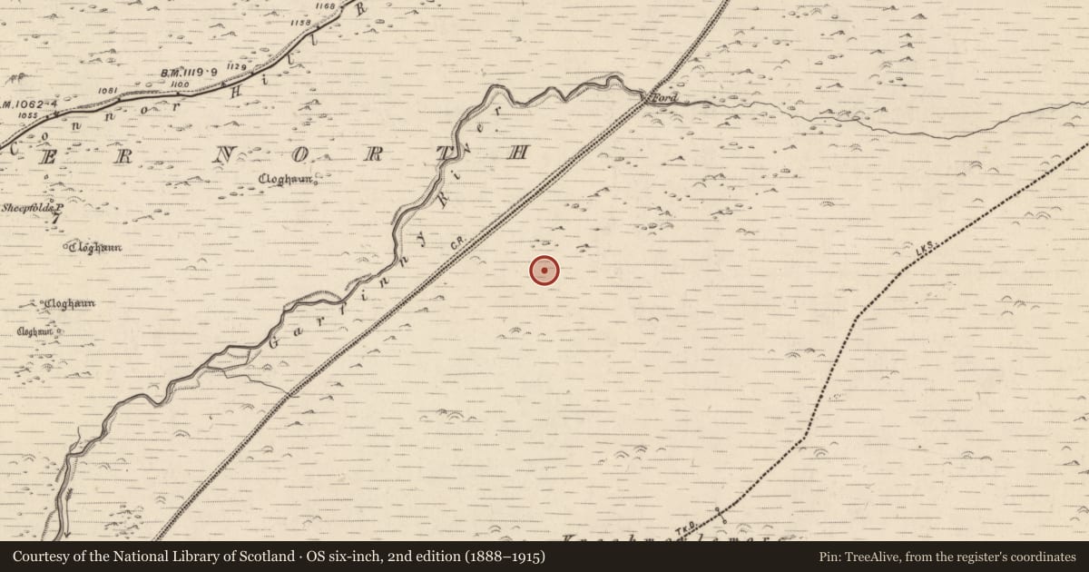 Ordnance Survey six-inch map, 2nd edition (1888–1915) covering the location of Clochan, Baile Ristín, County Kerry, with a pin at the register's coordinates