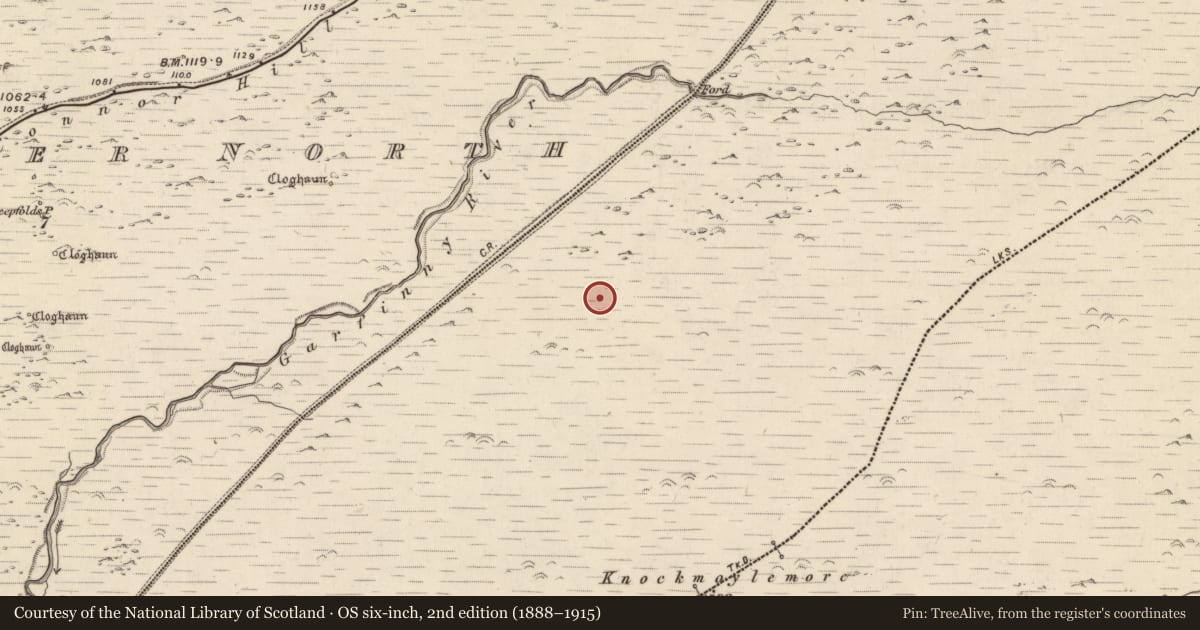 Ordnance Survey six-inch map, 2nd edition (1888–1915) covering the location of Clochan, Baile Ristín, County Kerry, with a pin at the register's coordinates