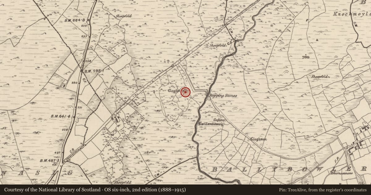 Ordnance Survey six-inch map, 2nd edition (1888–1915) covering the location of Clochan, Com An Bhúlaeraigh, County Kerry, with a pin at the register's coordinates