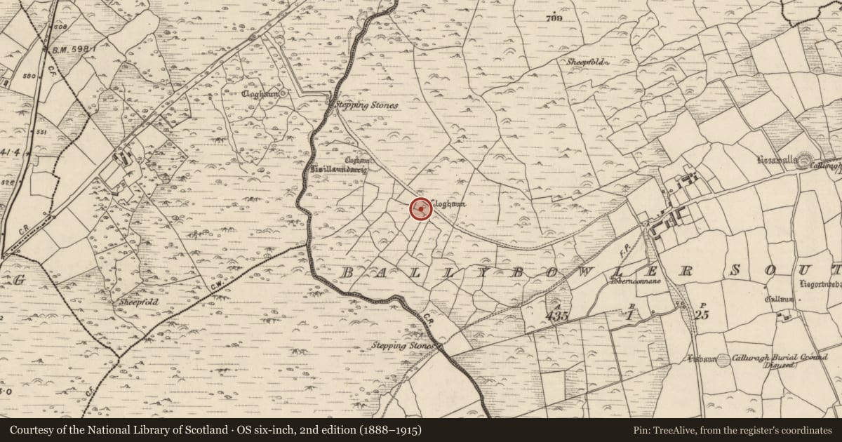 Ordnance Survey six-inch map, 2nd edition (1888–1915) covering the location of Hut site, Baile An Bhúlaeraigh Theas, County Kerry, with a pin at the register's coordinates