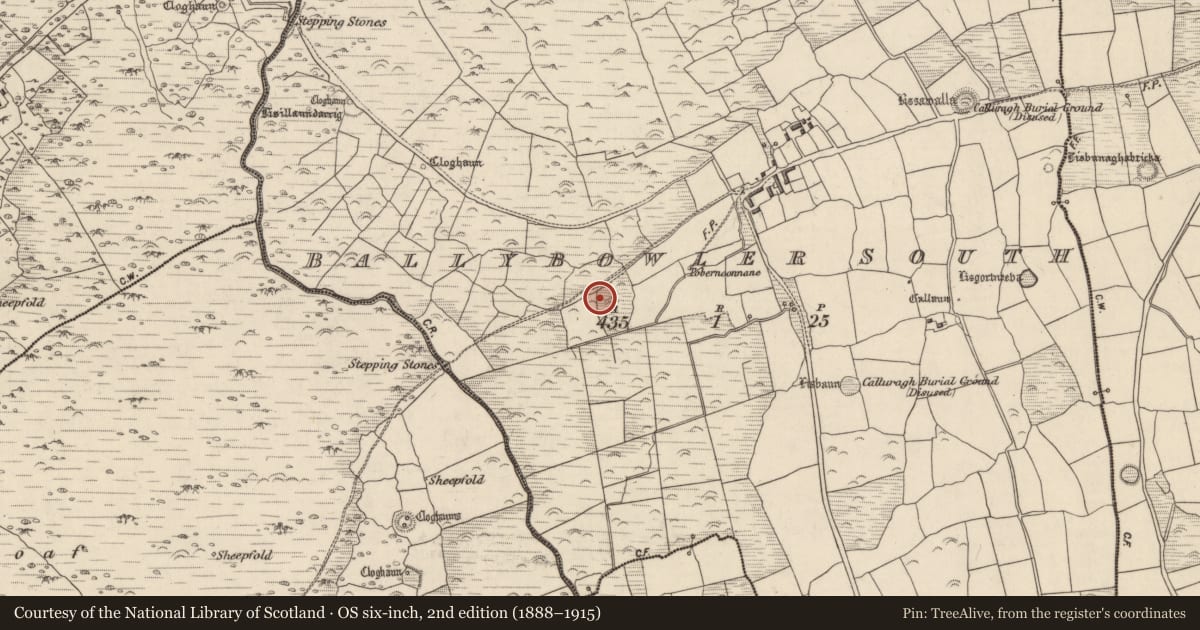 Ordnance Survey six-inch map, 2nd edition (1888–1915) covering the location of Hut site, Baile An Bhúlaeraigh Theas, County Kerry, with a pin at the register's coordinates