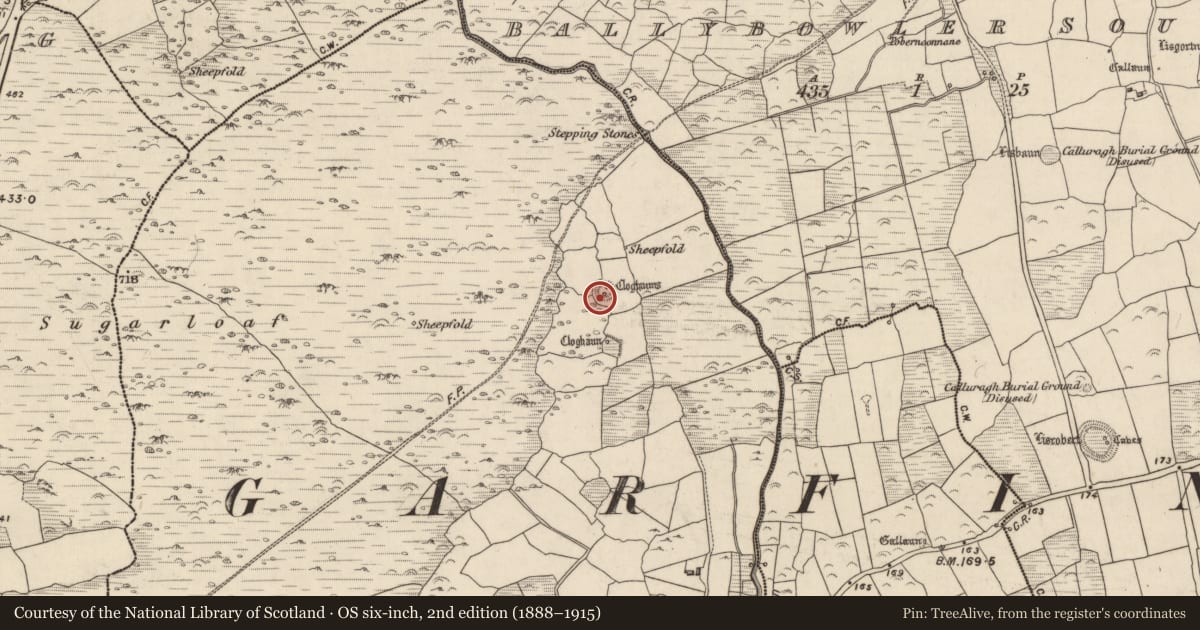 Ordnance Survey six-inch map, 2nd edition (1888–1915) covering the location of Clochan, An Ghairfeanaigh, County Kerry, with a pin at the register's coordinates