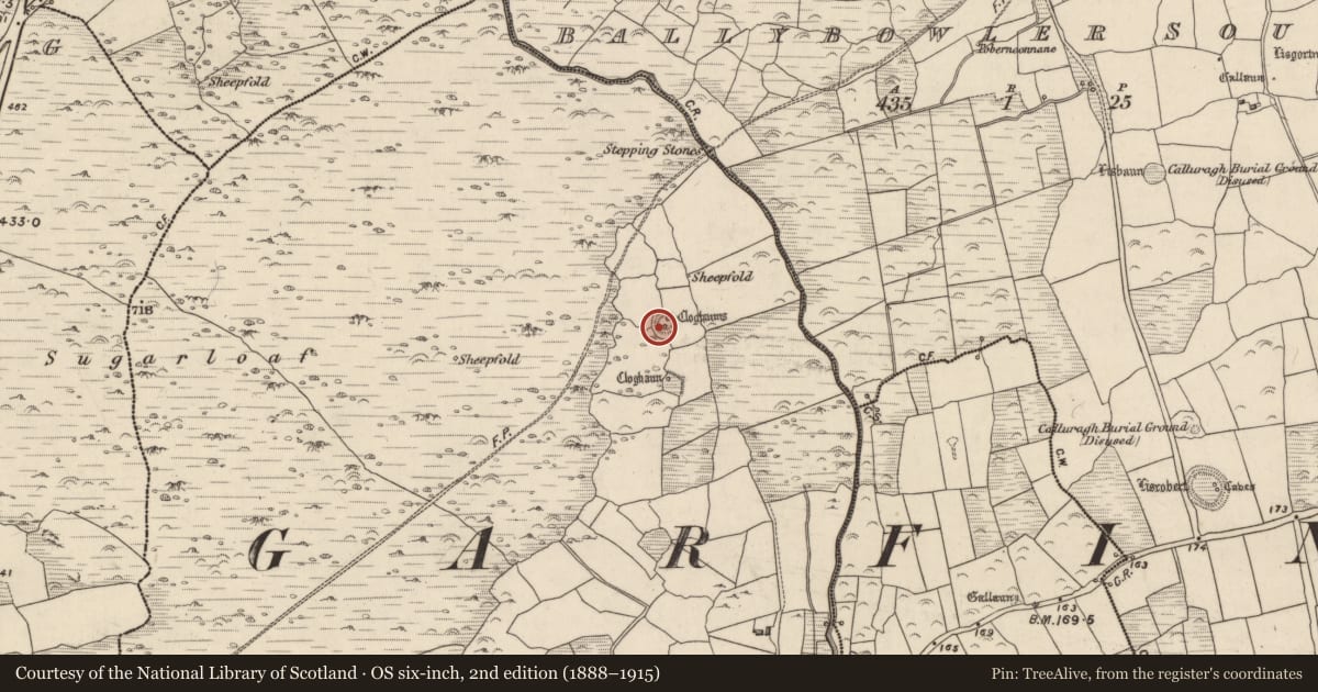 Ordnance Survey six-inch map, 2nd edition (1888–1915) covering the location of Clochan, An Ghairfeanaigh, County Kerry, with a pin at the register's coordinates