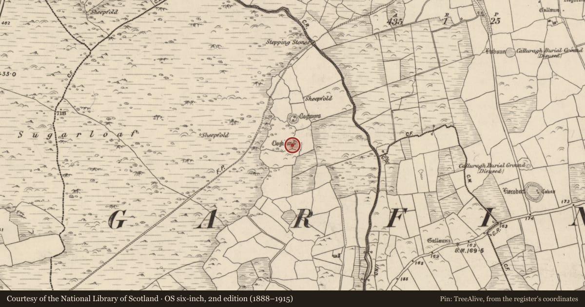 Ordnance Survey six-inch map, 2nd edition (1888–1915) covering the location of Hut site, An Ghairfeanaigh, County Kerry, with a pin at the register's coordinates