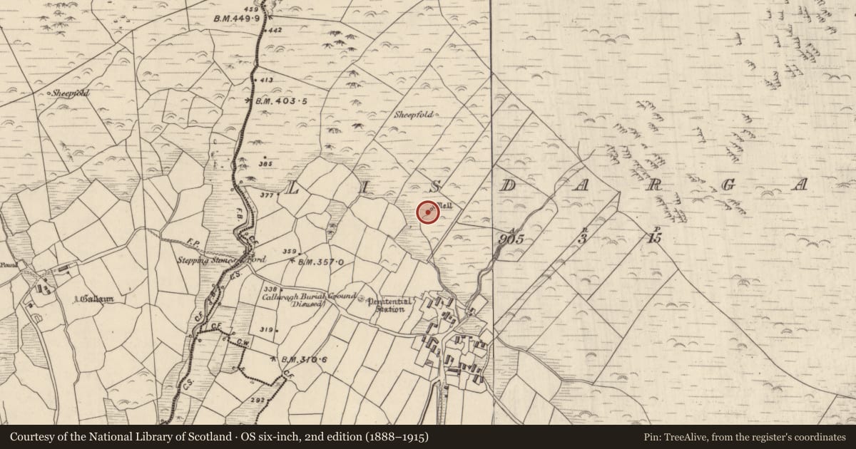 Ordnance Survey six-inch map, 2nd edition (1888–1915) covering the location of Ritual site - holy well, Lios Deargáin, County Kerry, with a pin at the register's coordinates