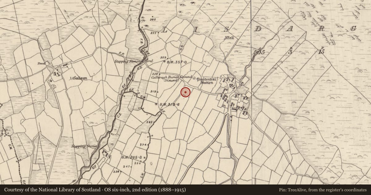 Ordnance Survey six-inch map, 2nd edition (1888–1915) covering the location of Souterrain, Lios Deargáin, County Kerry, with a pin at the register's coordinates