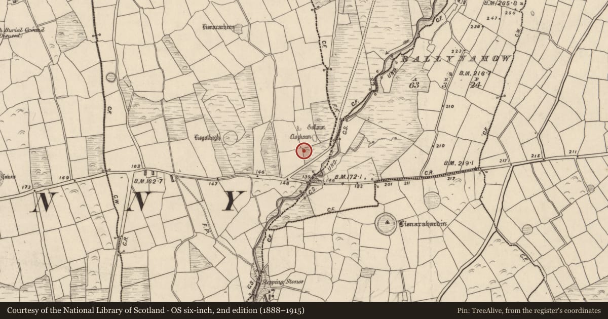 Ordnance Survey six-inch map, 2nd edition (1888–1915) covering the location of Hut site, Baile Ristín, County Kerry, with a pin at the register's coordinates