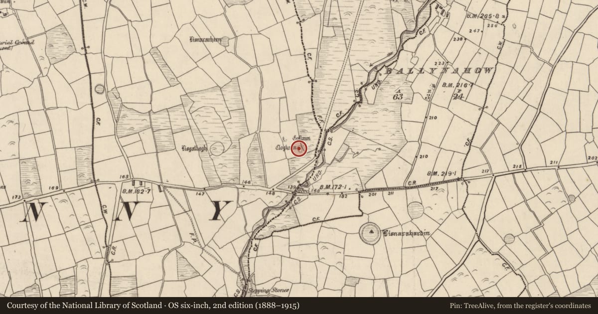 Ordnance Survey six-inch map, 2nd edition (1888–1915) covering the location of Hut site, Baile Ristín, County Kerry, with a pin at the register's coordinates