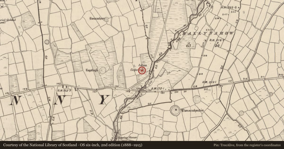 Ordnance Survey six-inch map, 2nd edition (1888–1915) covering the location of Hut site, Baile Ristín, County Kerry, with a pin at the register's coordinates