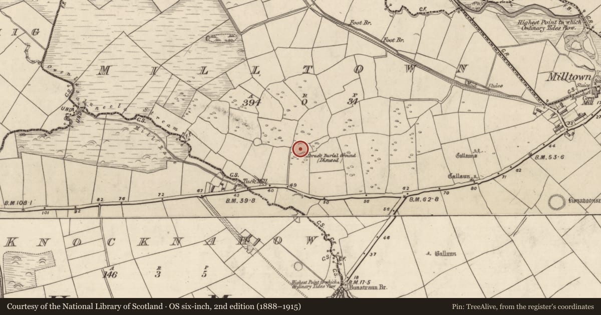 Ordnance Survey six-inch map, 2nd edition (1888–1915) covering the location of Cross-inscribed stone, Baile An Mhuilinn (Corca Dhuibhne), County Kerry, with a pin at the register's coordinates