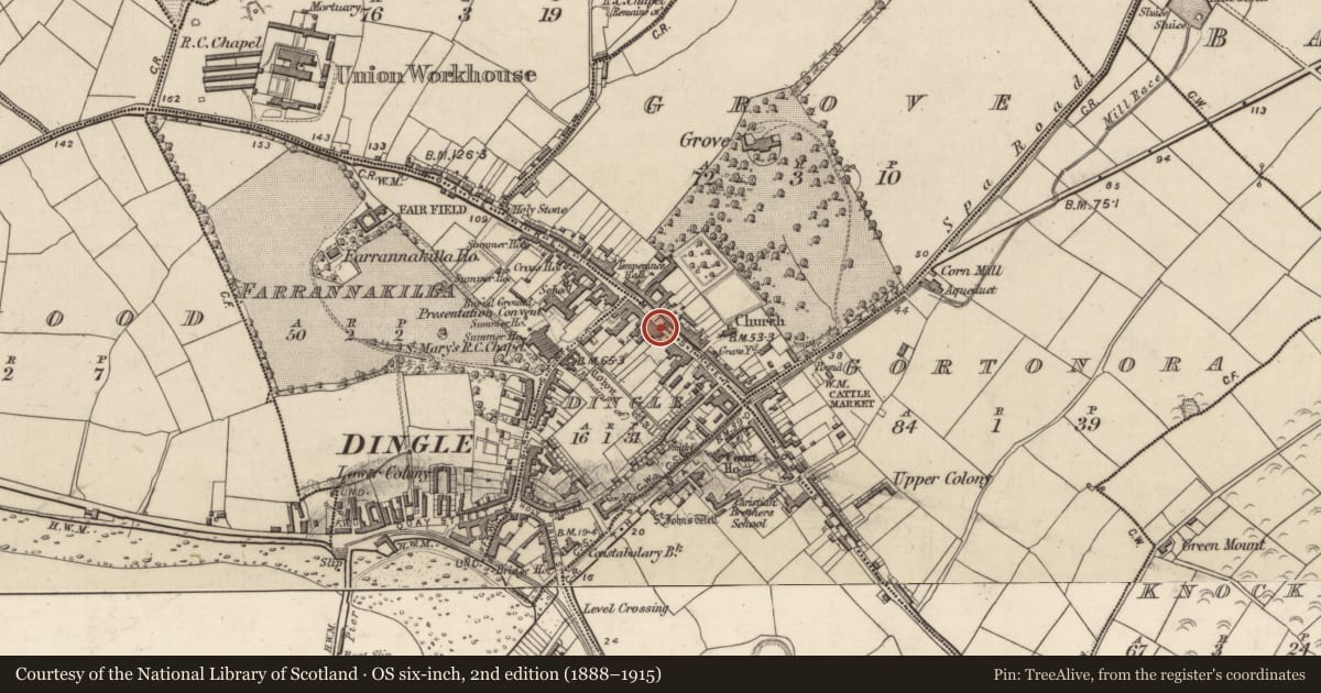 Ordnance Survey six-inch map, 2nd edition (1888–1915) covering the location of Town defences, County Kerry, with a pin at the register's coordinates