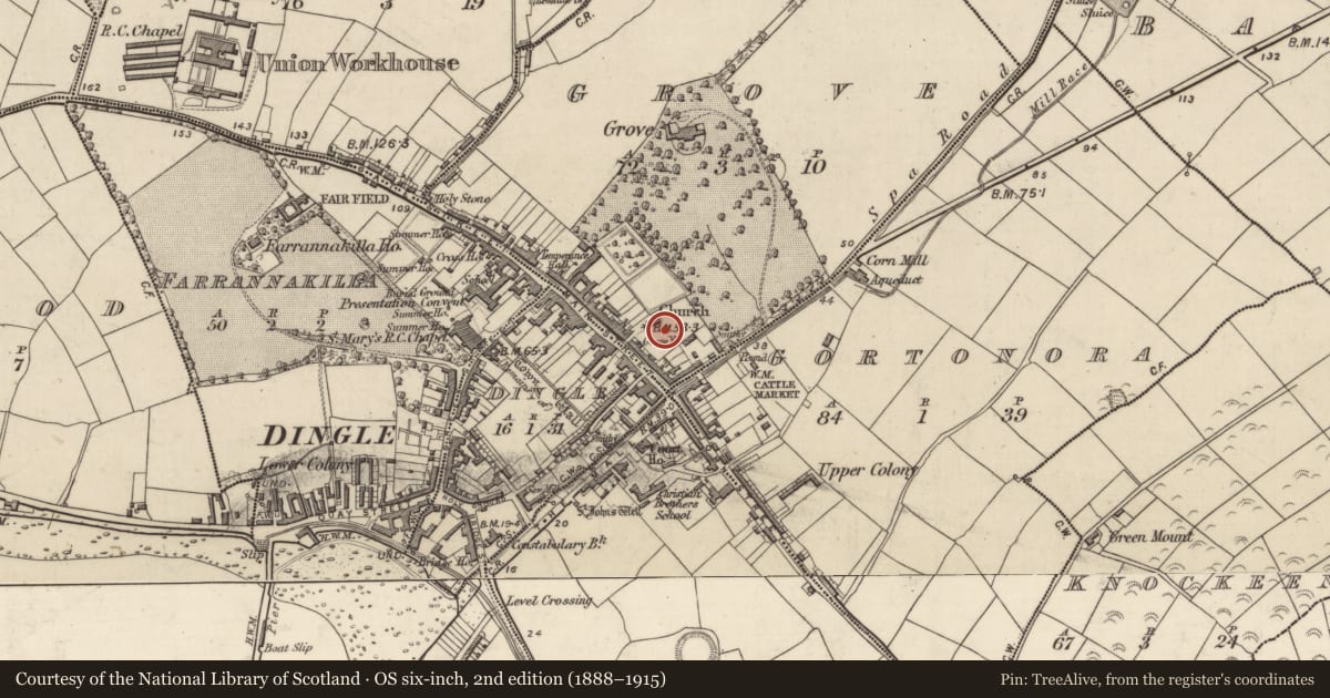 Ordnance Survey six-inch map, 2nd edition (1888–1915) covering the location of Graveyard, An Gróbh, County Kerry, with a pin at the register's coordinates