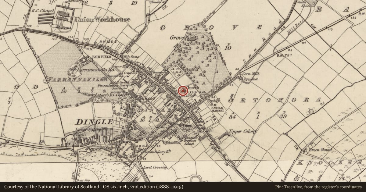 Ordnance Survey six-inch map, 2nd edition (1888–1915) covering the location of Font, An Gróbh, County Kerry, with a pin at the register's coordinates