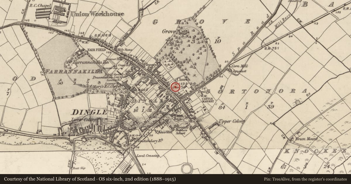 Ordnance Survey six-inch map, 2nd edition (1888–1915) covering the location of Architectural fragment, An Gróbh, County Kerry, with a pin at the register's coordinates