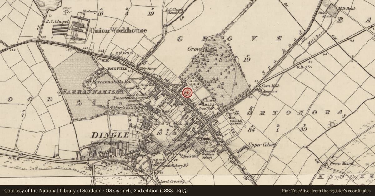 Ordnance Survey six-inch map, 2nd edition (1888–1915) covering the location of Architectural fragment, An Gróbh, County Kerry, with a pin at the register's coordinates