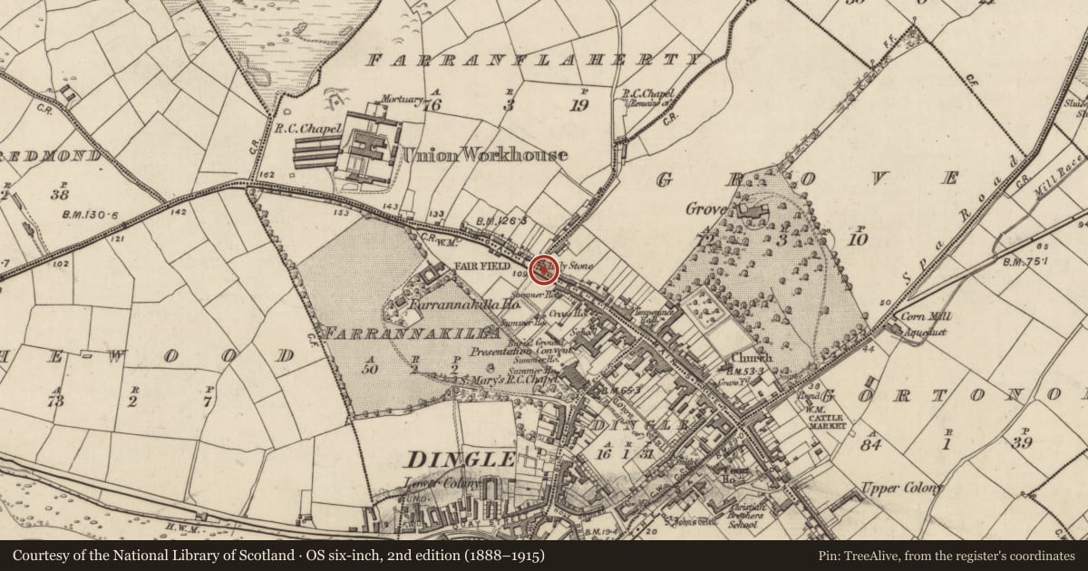 Ordnance Survey six-inch map, 2nd edition (1888–1915) covering the location of Bullaun stone, An Gróbh, County Kerry, with a pin at the register's coordinates