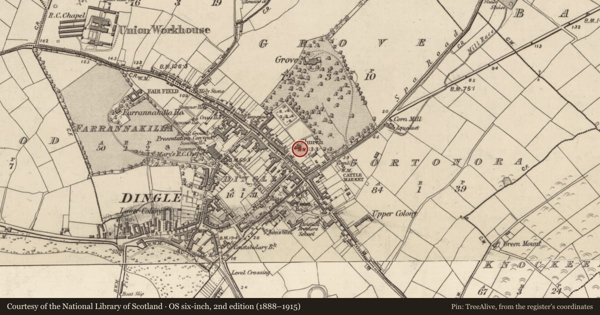Ordnance Survey six-inch map, 2nd edition (1888–1915) covering the location of Holed stone, An Gróbh, County Kerry, with a pin at the register's coordinates