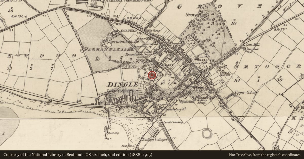 Ordnance Survey six-inch map, 2nd edition (1888–1915) covering the location of Architectural fragment, Fearann Na Cille (TC An Daingean), County Kerry, with a pin at the register's coordinates