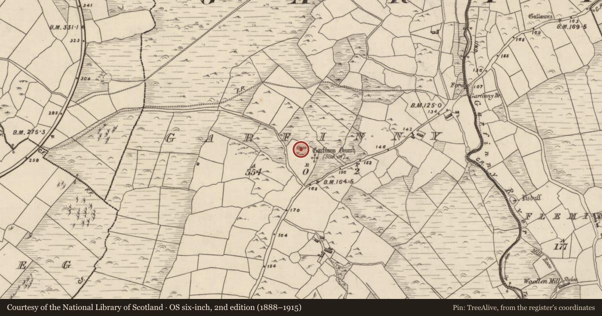 Ordnance Survey six-inch map, 2nd edition (1888–1915) covering the location of Church, An Ghairfeanaigh, County Kerry, with a pin at the register's coordinates