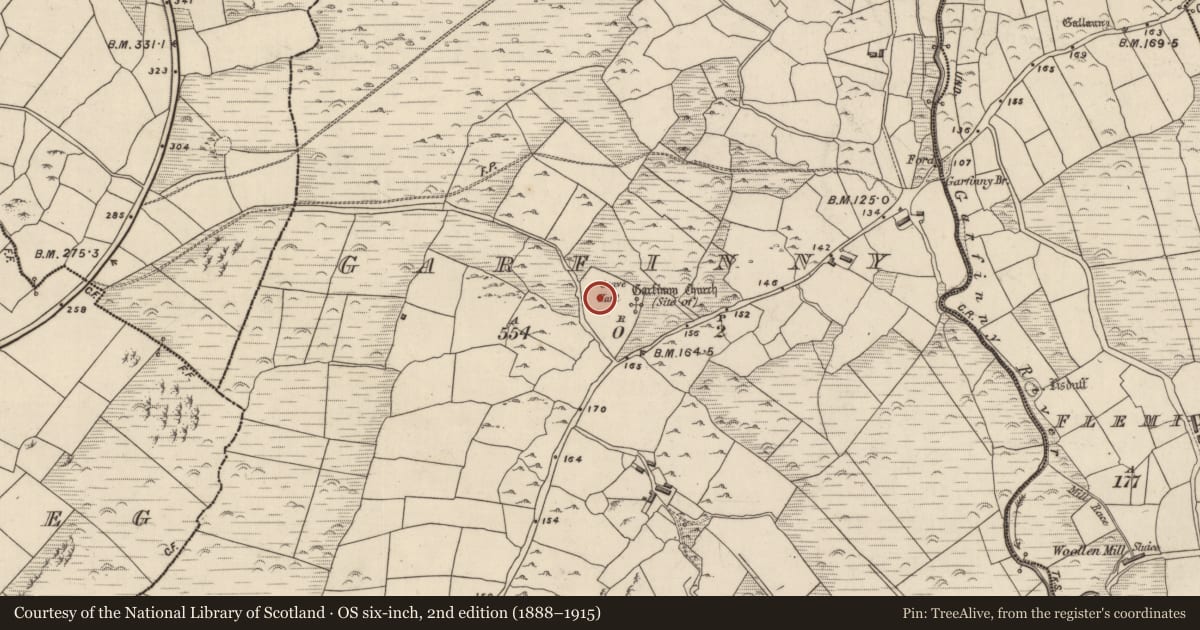 Ordnance Survey six-inch map, 2nd edition (1888–1915) covering the location of Graveyard, An Ghairfeanaigh, County Kerry, with a pin at the register's coordinates