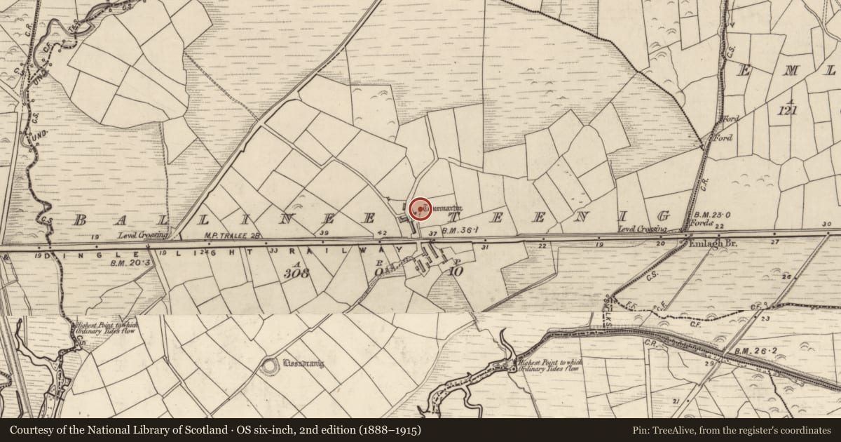 Ordnance Survey six-inch map, 2nd edition (1888–1915) covering the location of Ritual site - holy well, Baile An Ístínigh, County Kerry, with a pin at the register's coordinates