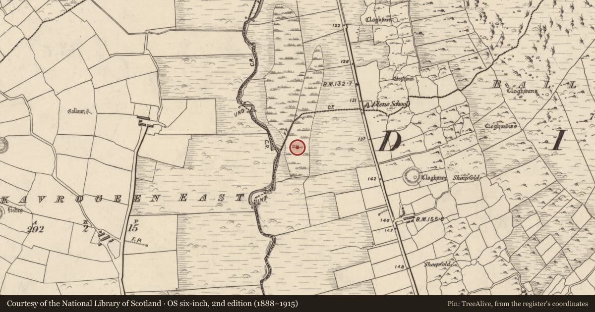 Ordnance Survey six-inch map, 2nd edition (1888–1915) covering the location of Fulacht fia, Baile Uí Shé, County Kerry, with a pin at the register's coordinates