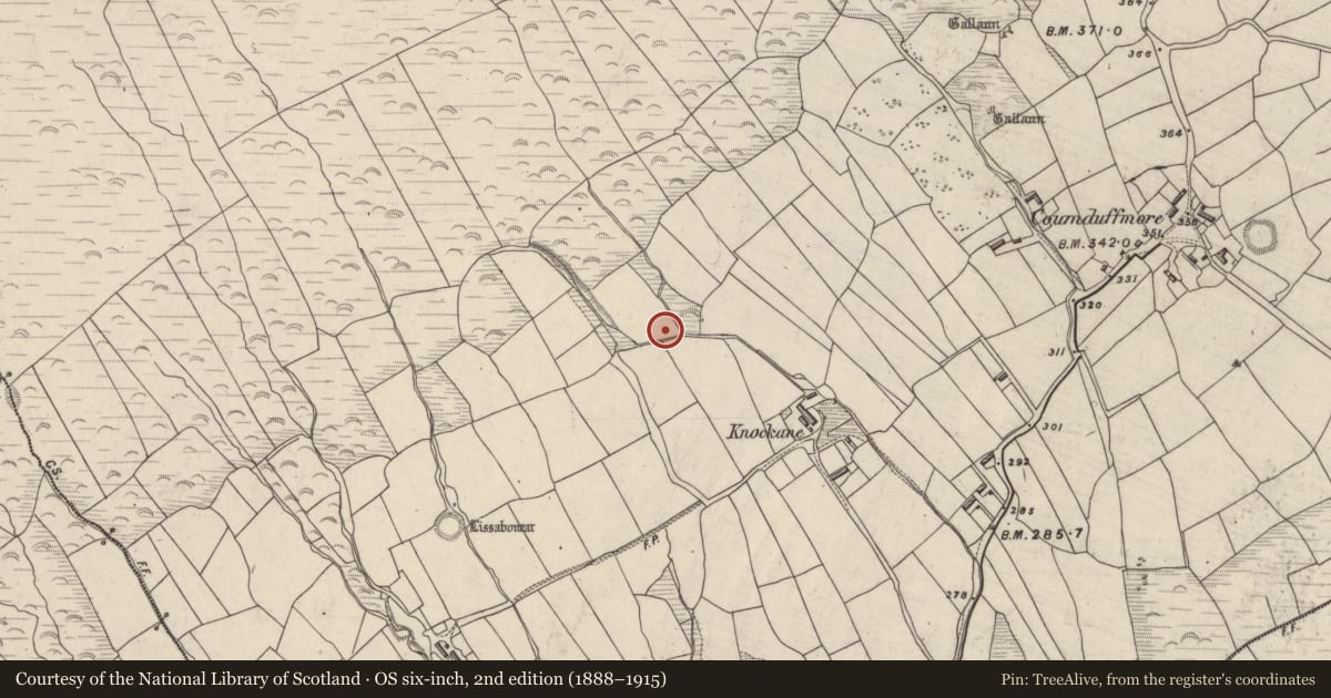 Ordnance Survey six-inch map, 2nd edition (1888–1915) covering the location of Mound, Coumduff, County Kerry, with a pin at the register's coordinates
