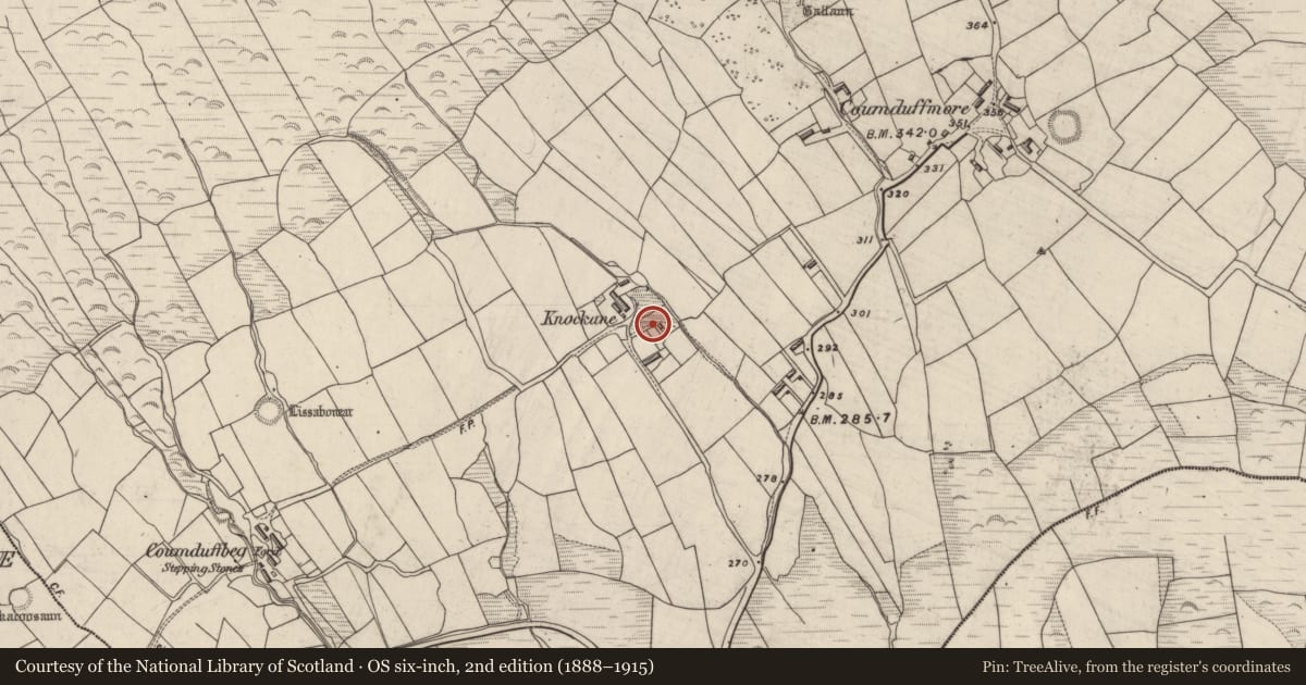 Ordnance Survey six-inch map, 2nd edition (1888–1915) covering the location of Children's burial ground, Coumduff, County Kerry, with a pin at the register's coordinates