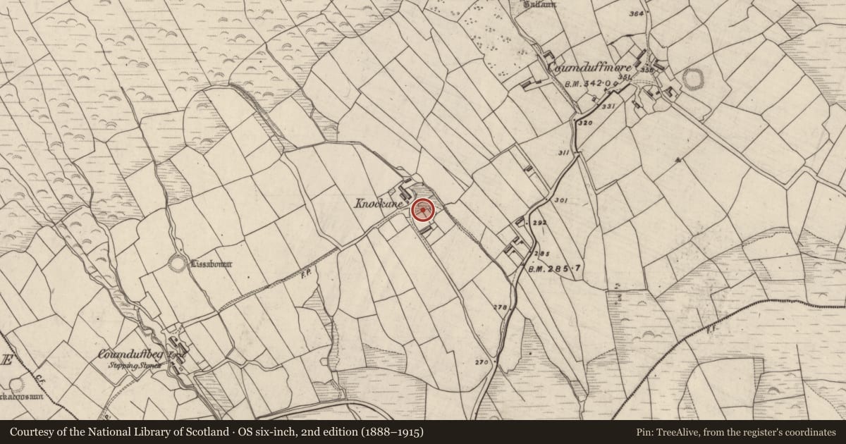 Ordnance Survey six-inch map, 2nd edition (1888–1915) covering the location of Cross-slab, Coumduff, County Kerry, with a pin at the register's coordinates