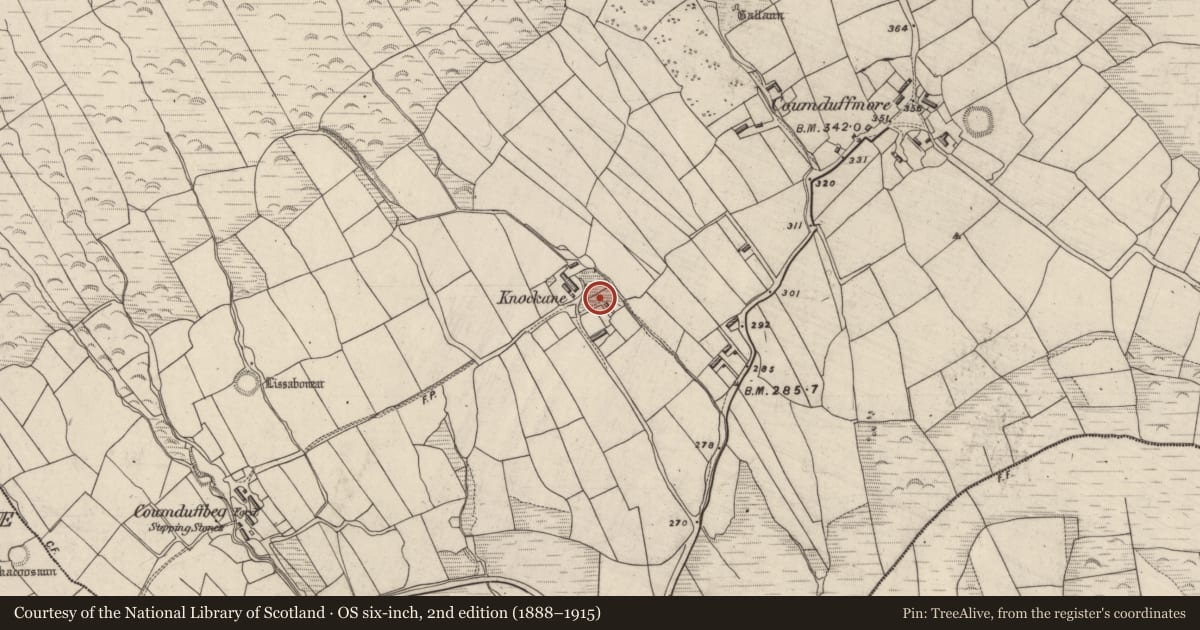 Ordnance Survey six-inch map, 2nd edition (1888–1915) covering the location of Burial, Coumduff, County Kerry, with a pin at the register's coordinates