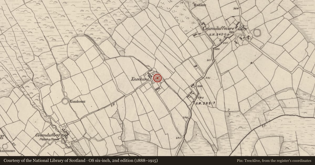 Ordnance Survey six-inch map, 2nd edition (1888–1915) covering the location of Burial, Coumduff, County Kerry, with a pin at the register's coordinates