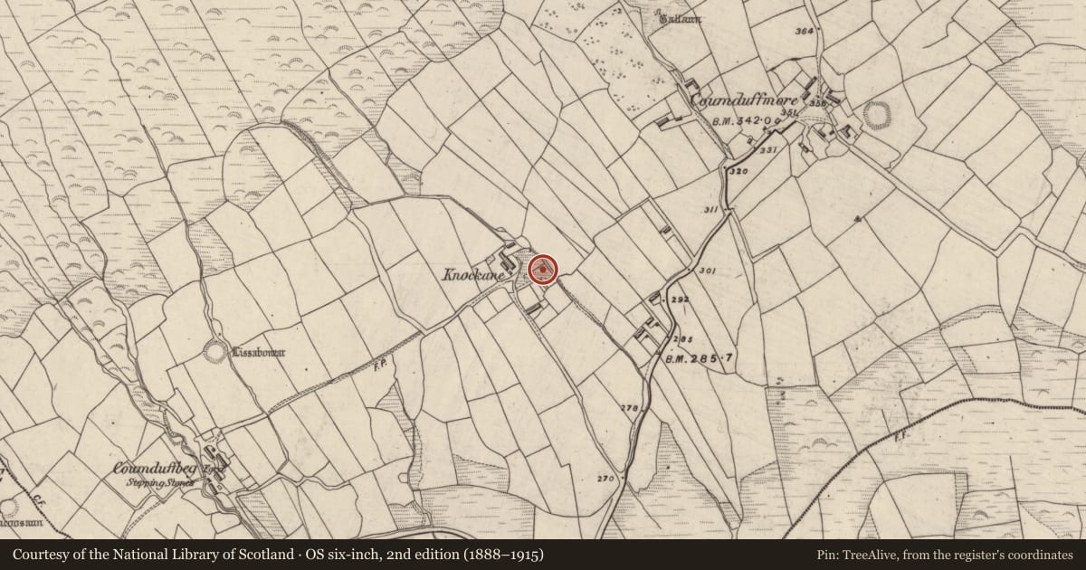 Ordnance Survey six-inch map, 2nd edition (1888–1915) covering the location of Burial, Coumduff, County Kerry, with a pin at the register's coordinates