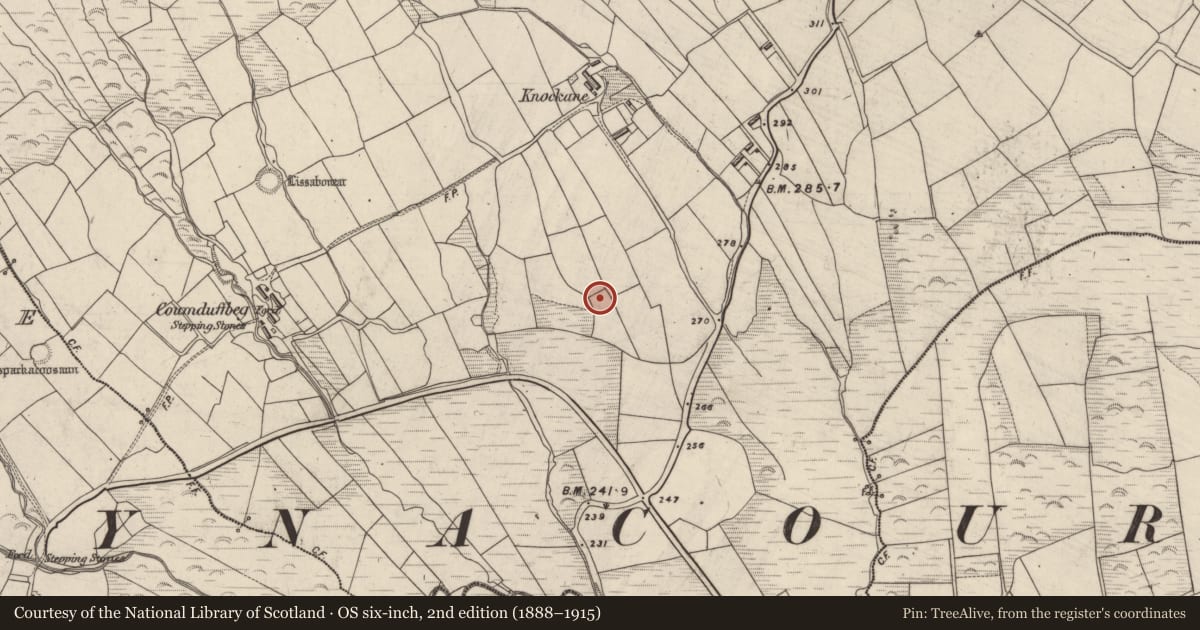 Ordnance Survey six-inch map, 2nd edition (1888–1915) covering the location of Standing stone, Coumduff, County Kerry, with a pin at the register's coordinates