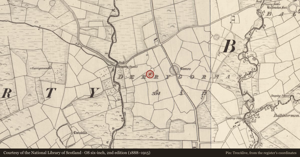 Ordnance Survey six-inch map, 2nd edition (1888–1915) covering the location of Hut site, Derrygorman, County Kerry, with a pin at the register's coordinates