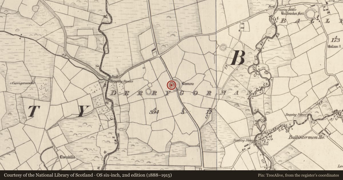 Ordnance Survey six-inch map, 2nd edition (1888–1915) covering the location of Hut site, Derrygorman, County Kerry, with a pin at the register's coordinates