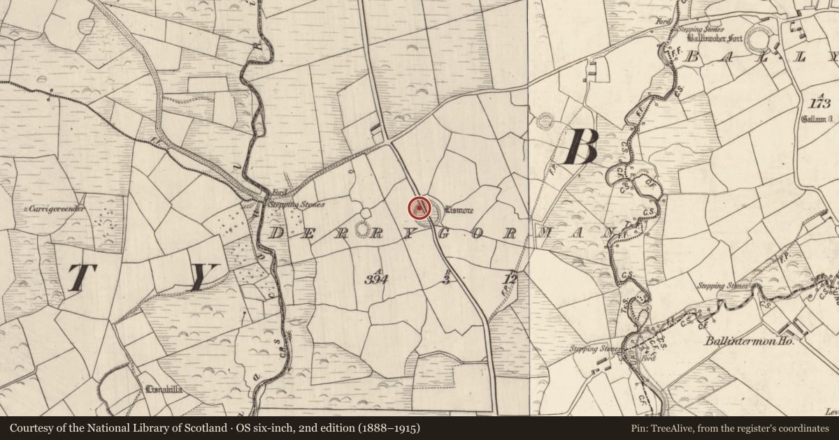 Ordnance Survey six-inch map, 2nd edition (1888–1915) covering the location of Hut site, Derrygorman, County Kerry, with a pin at the register's coordinates