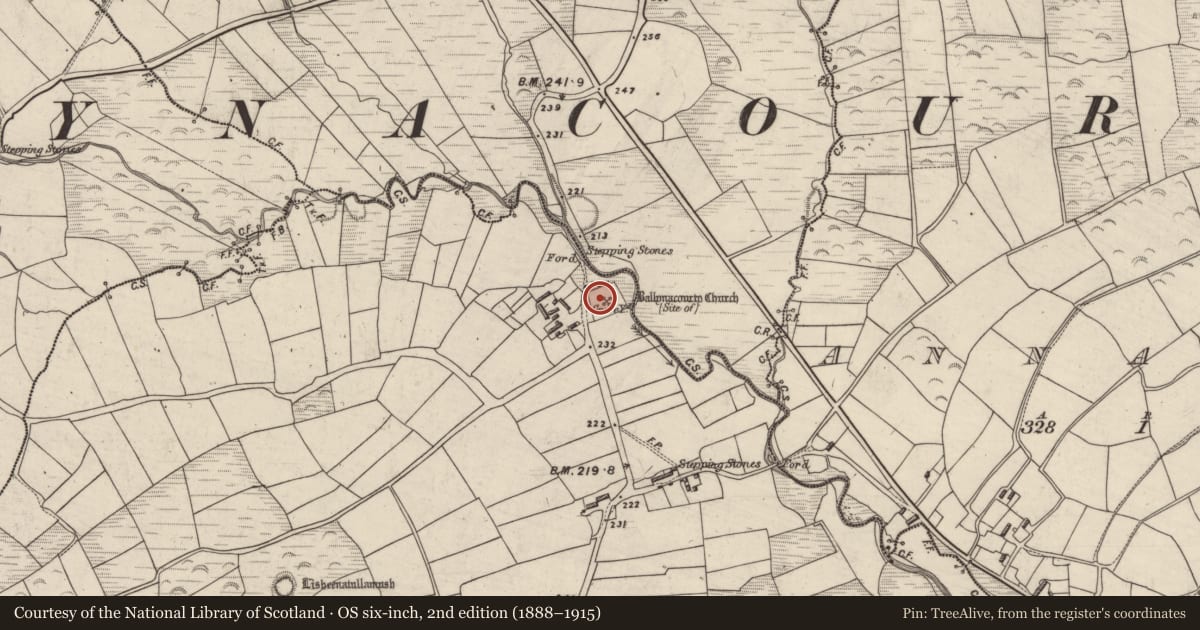 Ordnance Survey six-inch map, 2nd edition (1888–1915) covering the location of Church, Ballynacourty, County Kerry, with a pin at the register's coordinates