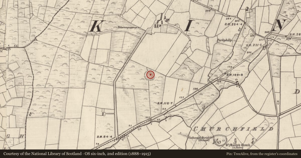 Ordnance Survey six-inch map, 2nd edition (1888–1915) covering the location of Clochan, Gualainn, County Kerry, with a pin at the register's coordinates